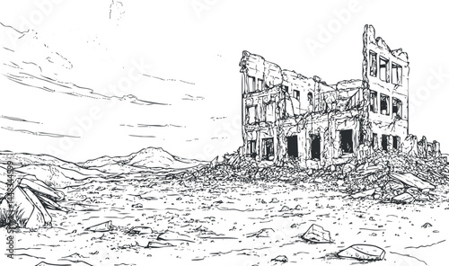 Black and white line art showing a ruined building in a desolate desert landscape with rocks and debris scattered around.