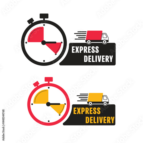 Quick delivery Sticker , A quick delivery truck equipped with a stopwatch. Services, chronometer sign, expedited, urgent, and quick delivery. Order delivery on time, truck and clock, on-time delivery 