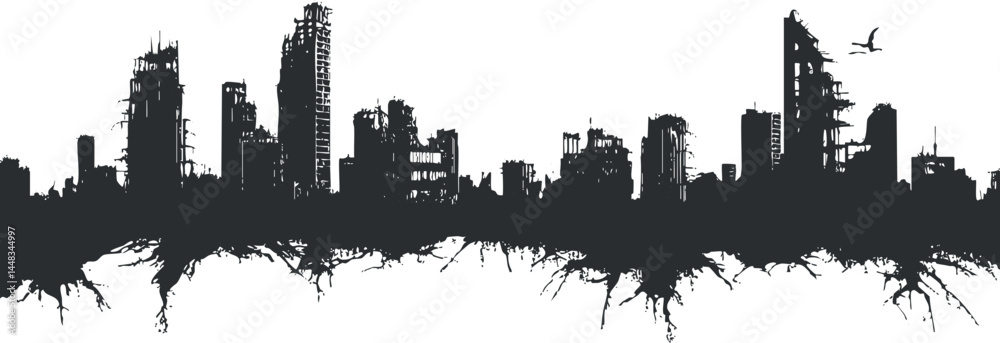 Obraz premium Black and white silhouette of a modern city skyline with highrise buildings and urban structures