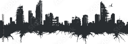 Black and white silhouette of a modern city skyline with highrise buildings and urban structures