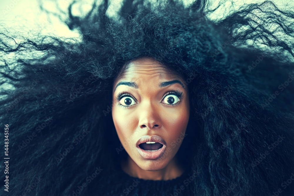 Long coiffure - gorgeous bush hair. Lovely very astonished black girl - for ads, brochure and web use. Commercial marketing conceptual art. Creative long hair advertising portraits.