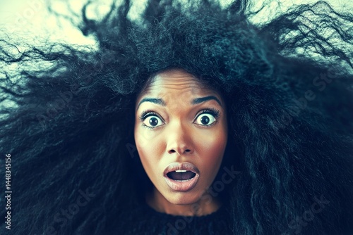 Obraz na płótnie Long coiffure - gorgeous bush hair. Lovely very astonished black girl - for ads, brochure and web use. Commercial marketing conceptual art. Creative long hair advertising portraits. w salonie