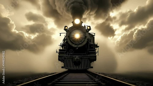 A vintage steam train steaming through a dramatic sky