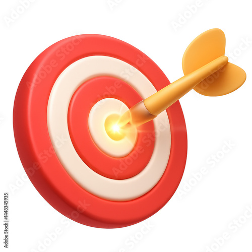 Target Achieved: A 3D rendered illustration of an arrow hitting the bullseye of a dartboard, symbolizing success and accuracy.