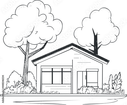 Black and white line drawing of a small house surrounded by trees and bushes in a natural outdoor setting.
