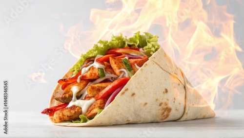 A taco bursting with flavor features grilled chicken, colorful bell peppers, and fresh lettuce wrapped in a warm tortilla, showcasing a dramatic flame backdrop