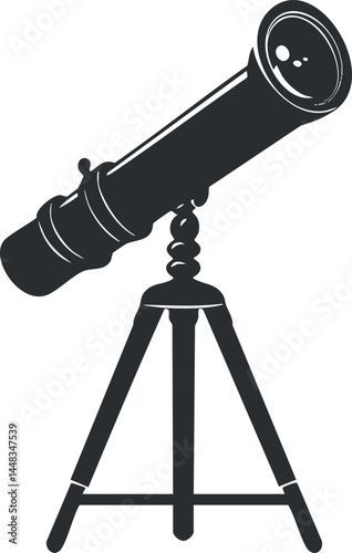 Black and white vector illustration of a telescope on a tripod for astronomy observation and stargazing