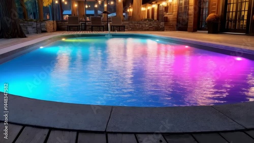 Outdoor pool with vibrant LED lighting creating a relaxing summer night scene in a wooded backyard of a luxurious home.