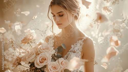 Bride holding a bouquet with roses and eucalyptus in mystical pastel light, dreamy garden atmosphere, floating petals and fairytale charm in magical surreal scene of romantic elegance
