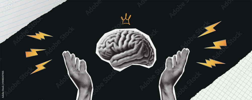 Human brain halftone collage element. Retro halftone effect. Vector illustration