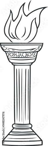 Line art illustration of an ancient Greek Roman torch column with a flame symbolizing light and victory