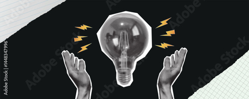 Halftone collage retro banner. A hand cut out of a magazine holds a light bulb on a blue background, torn paper. Question and answer, problem solving or business solutions concept.