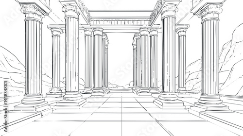 Black and white line drawing of ancient classical temple with tall columns and scenic rocky background