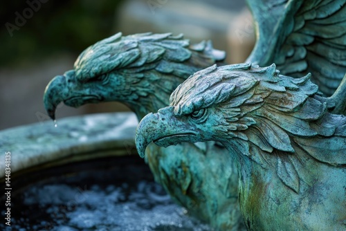 Two weathered bronze eagle statues, heads tilted down, wings spread slightly, water surrounding the base, in a contemplative mood.