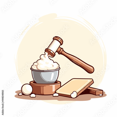 Baking ingredients with a wooden mallet in a kitchen setting  