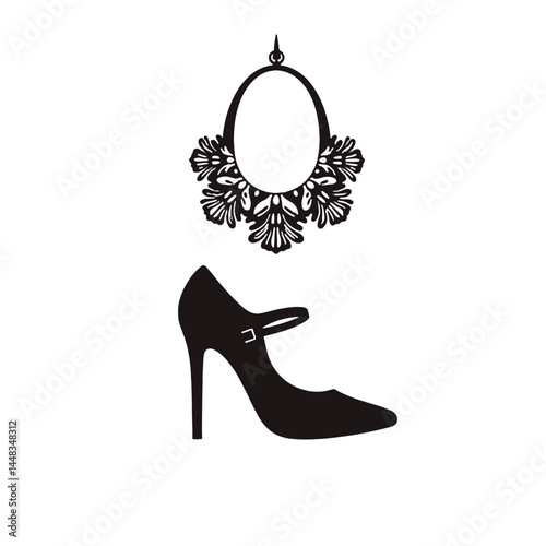 Elegant high heel shoe and ornate earring silhouette design  