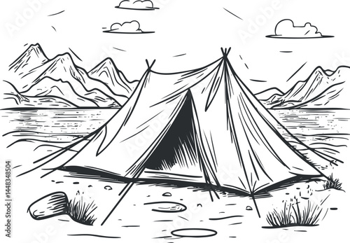 Black and white drawing of a camping tent set in a mountainous outdoor landscape near a lake with rocks and grass