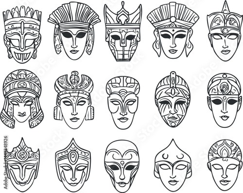 Set of 15 black and white tribal and ethnic masks with traditional ornamental designs and cultural symbolism