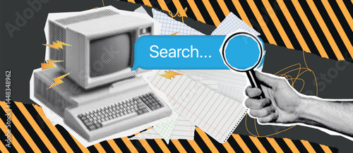 Retro style desktop computer, colorful vector illustration Trendy halftone collage with computer. search bar and cut out hands pointing on it on bold textured yellow background.