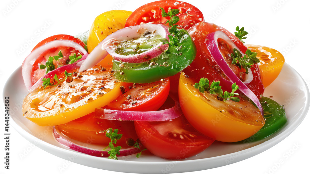 Fresh Tomato and Onion Salad: A vibrant, top-down view of a beautifully arranged salad, showcasing sliced tomatoes, red onions, and herbs on a pristine plate. An inviting dish. Fresh Tomato and Onion Salad: A vibrant, top-down view of a beautifully arranged salad, showcasing sliced tomatoes, red onions, and herbs on a pristine plate. An inviting dish.