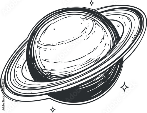 Black and white sketch illustration of a ringed planet resembling Saturn with stars in space background