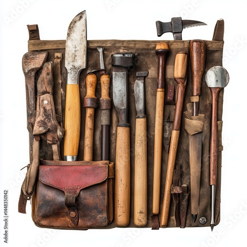 Vintage tool kit with various hand tools arranged on a canvas background for craftsmanship