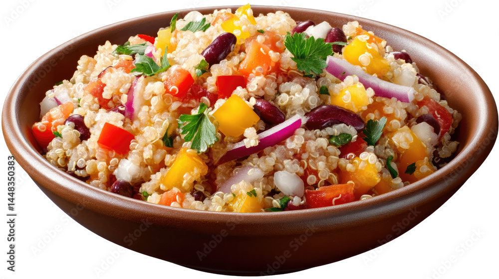 Quinoa Salad: A vibrant and appetizing close-up shot of quinoa salad in a bowl, brimming with colorful bell peppers, red onions, and fresh cilantro. Quinoa Salad: A vibrant and appetizing close-up shot of quinoa salad in a bowl, brimming with colorful bell peppers, red onions, and fresh cilantro.