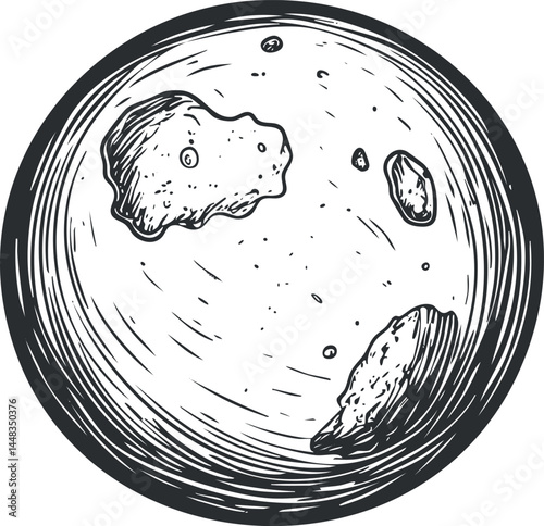 Hand-drawn illustration of an asteroid or celestial rock floating in space with textured details and craters.