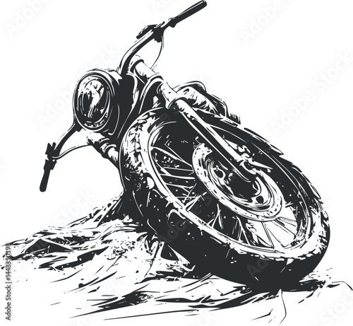 Black and white sketch of a motorcycle leaning with detailed wheel and handlebar illustration