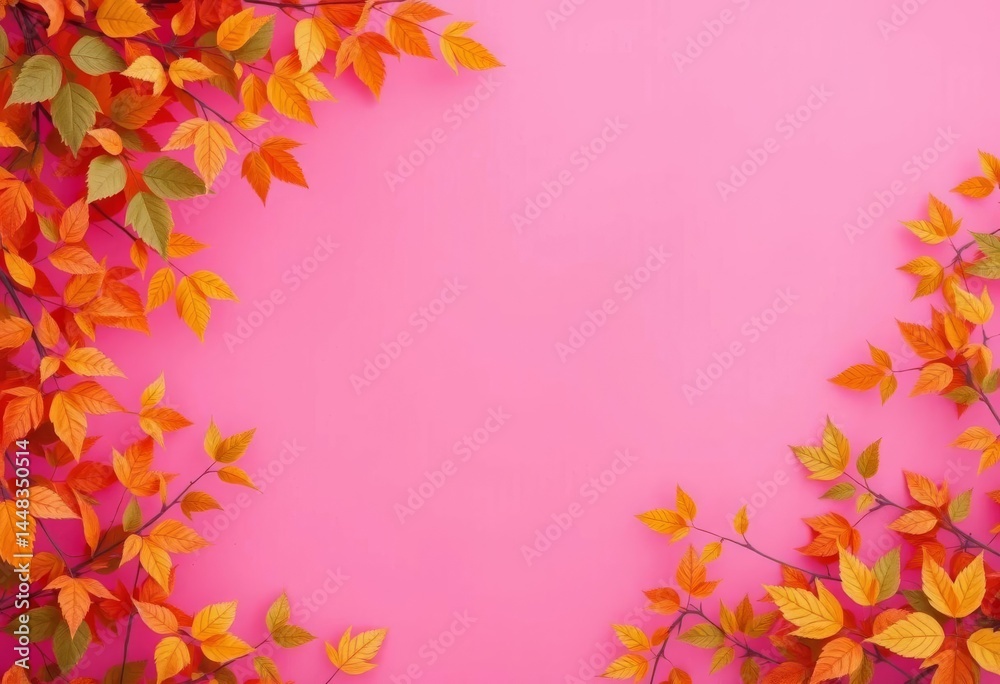 Pink background, autumn leaves frame empty space, foliage, border