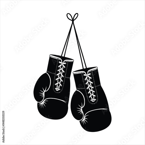 Silhouette of classic boxing gloves hanging by laces on white background