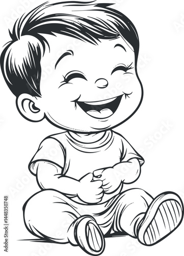 Black and white line art illustration of a happy laughing baby boy sitting with joyful expression and playful pose