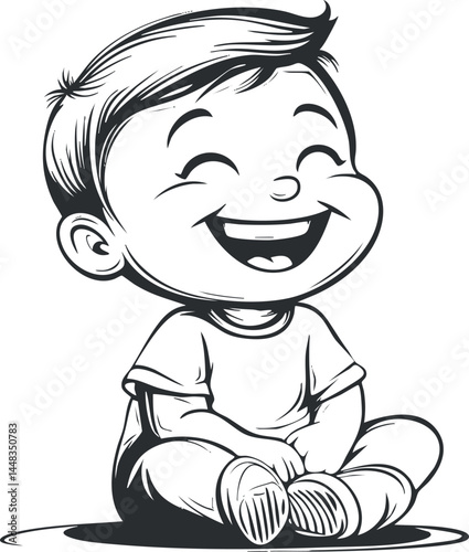 Black and white cartoon illustration of a happy baby boy sitting cross-legged and laughing