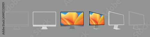 Modern pc computer mockup collection. Set white mockup technology devices with white empty display