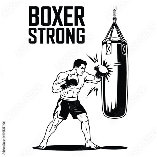  Determined boxer in dynamic training pose mid-punch to heavy bag with “boxer strong” text