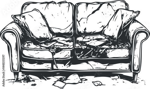 Illustration of an old damaged sofa with ripped upholstery and cushions, showing wear and tear.