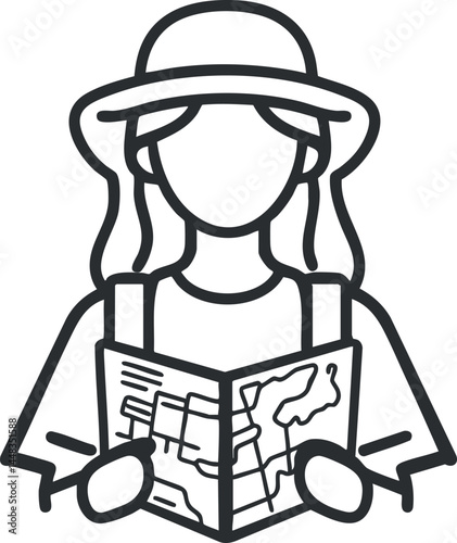 Line art illustration of a woman wearing a hat holding a map for travel and navigation purposes