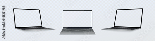 Realistic Laptop silver color mockup with blank screen display. 3D vector illustration. Set of 3d laptops from different angles isolated on white background.