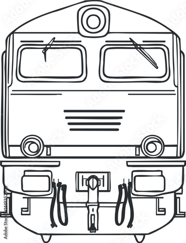 Black and white line drawing of a train locomotive front view showing detailed engine and windows