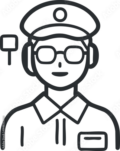 Black and white line icon of a male police officer wearing a uniform cap glasses and headset