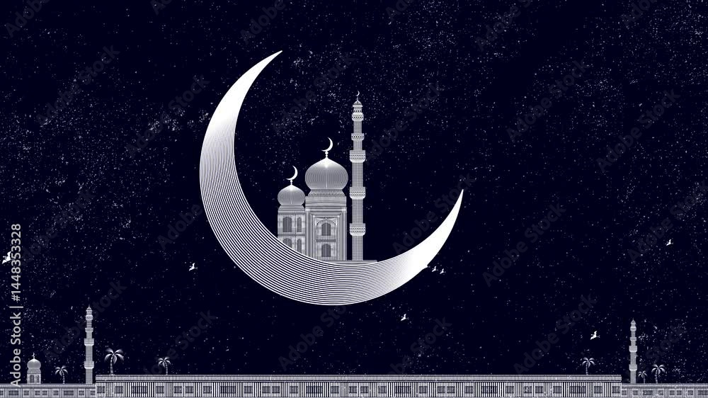 illustration videos of a mosque city with open night sky stars , eid mubarak