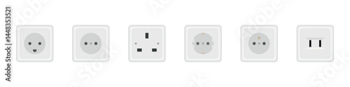 Electric power sockets with different types of plug cord. Vector isolated type C and A, B and L, usb standard ports for devices charging and appliances, electronic equipment connectors