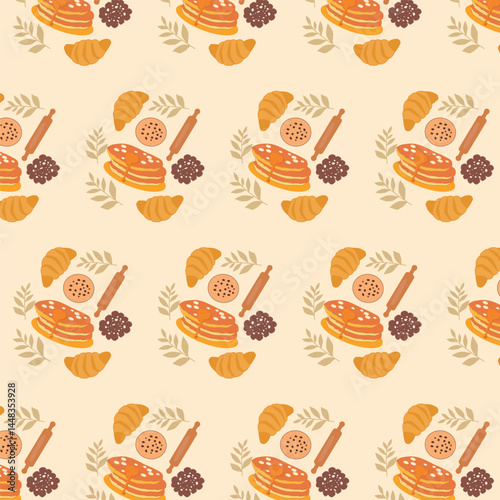 seamless pattern with bakery elements,cute product:pancakes,cookies,croissant repeating pattern