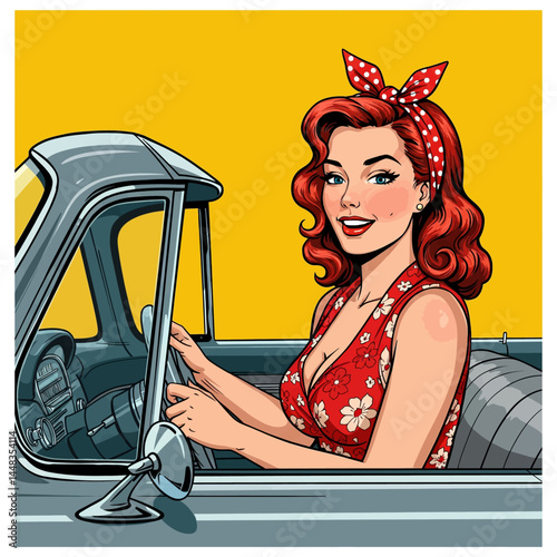 Retro blonde pin up girl in a red polka dot dress, driving a classic convertible car. Vintage flat vector pop art illustration.