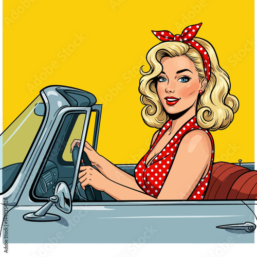 Retro blonde pin up girl in a red polka dot dress, driving a classic convertible car. Vintage flat vector pop art illustration.