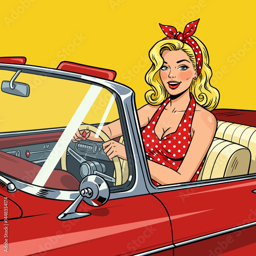 Retro blonde pin up girl in a red polka dot dress, driving a classic convertible car. Vintage flat vector pop art illustration.