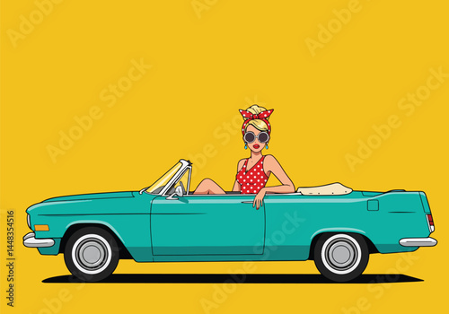 Adobe Illustrator Artwork Retro blonde pinup girl in polka dots and sunglasses driving a classic convertible car. Vintage flat vector pop art illustration