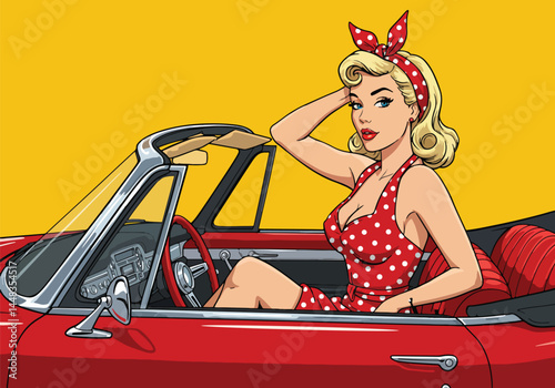 Retro blonde pin up girl in a red polka dot dress, driving a classic convertible car. Vintage flat vector pop art illustration.