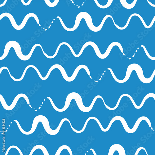 Blue white wiggle paintbrush strokes horizontal stripes. Vector pattern background. Nautical theme. Striped ocean waves, wobbly lines. Irregular marine look backdrop. For boy nursery, swimming.