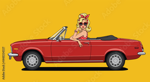 Adobe Illustrator Artwork Retro blonde pinup girl in polka dots and sunglasses driving a classic convertible car. Vintage flat vector pop art illustration